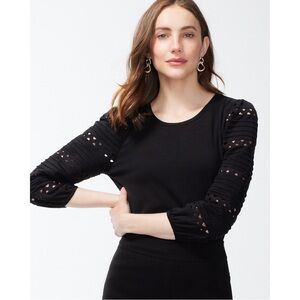 NWT Chico’s Women’s Black Rick Rack Puff Sleeve Knit Long Sleeve Top Blouse